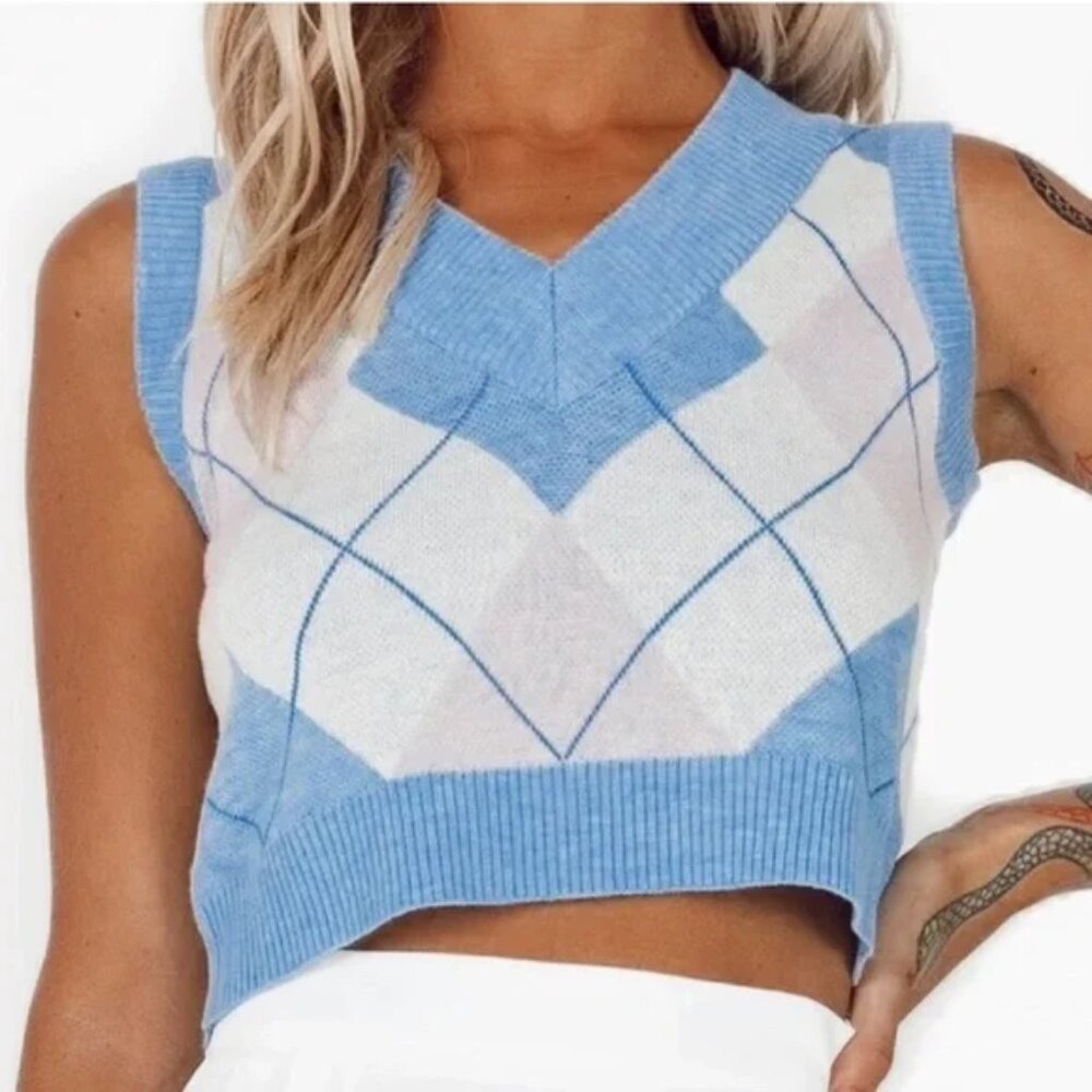 Princess Polly blue/white crop sweater vest